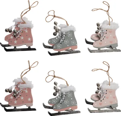 Produktbild von 6 x Schlittschuhe aus Holz, Baumschmuck 8 x 7 cm Baumhänger Christbaumschmuck aus Holz