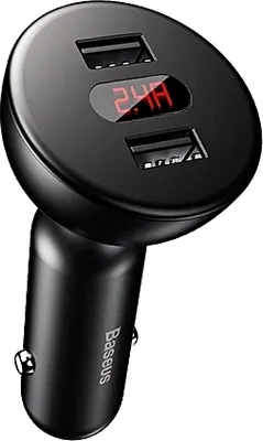 Zdjęcie produktu dla Ładowarka samochodowa Baseus Shake-head z wyświetlaczem LCD i woltomierzem 4,8 A do smartfonów i tabletów w kolorze czarnym