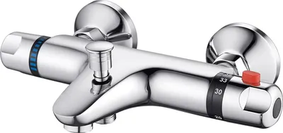 A chrome-finished thermostatic shower and bath mixer faucet is shown against a white background.