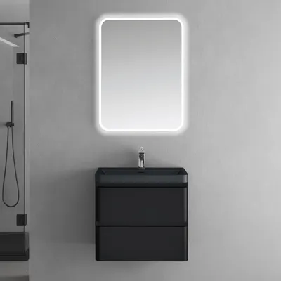 Produktbild von doporro Badmöbel-Set Waschtisch mit Unterschrank Waschbecken mit Waschbeckenunterschrank Matt schwarz 60x42x55cm inkl. Mineralguss-Waschbecken und LED-Spiegel lucca