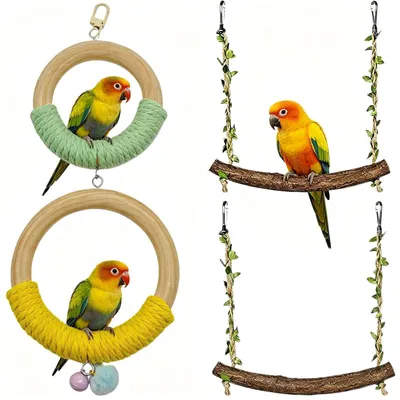 Immagine prodotto di Set di 3 altalene per uccelli in legno naturale, adatte per parrocchetti e piccoli uccelli