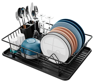 Image de Égouttoir noir, support de séchage avec porte-couverts et bac de récupération en plastique pour le rangement.