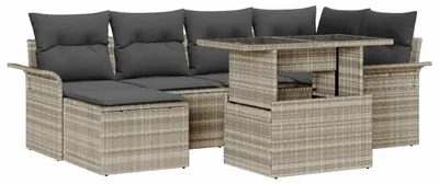 Zdjęcie produktu dla Zestaw mebli ogrodowych – modułowa sofa wypoczynkowa wykonana z ręcznie plecionego polirattanu, z poduszkami – jasnoszary