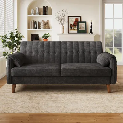 Produktbild von okwish Zweisitzer Sofa mit Seitentaschen und 2 Armlehnenkissen, Sofastuhl mit Massivholzfüßen,getufteter Rückenlehne,Dunkelgrau
