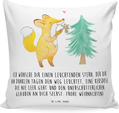 Produktbild von Mr. & Mrs. Panda Dekokissen Fuchs  Weihnachtsbaum - Weiß - Geschenk, Wintermotiv, Sofa Kissen, Weihnachten, Weihnachtsdekoration, Polster, kuschelkissen 40x40, Zierkissen