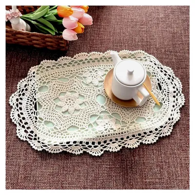Produktbild von Geklöppelte handgehäkelte Tischläufer, ovale Baumwoll-Tabletts, Vintage-Spitzen-Tischdecke, Häkelspitze für Küche und Abendessen (Beige, 30 x 60 cm)