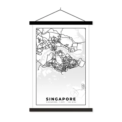 Produktbild von MuchoWow® Textilposter Singapur - Karte - Stadtplan - Schwarz und weiß 120x180 cm mit schwarzem Rahmen - Fotos