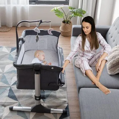 Zdjęcie produktu dla Łóżeczko dziecięce – sypialnia – 97 x 70 x 85 cm – z materacem – przenośne – zmywalne – szare