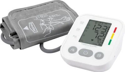 A digital blood pressure monitor and its cuff are shown on a white background.