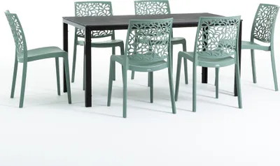 Image de Set de salle à manger d'extérieur avec table rectangulaire 156x78 cm et 6 chaises empilables en résine renforcée de fibres de verre - design moderne imitation bois, idéal pour le jardin, la terrasse et les espaces extérieurs couverts - THOMAS+ANNA - Vert sauge/Anthracite