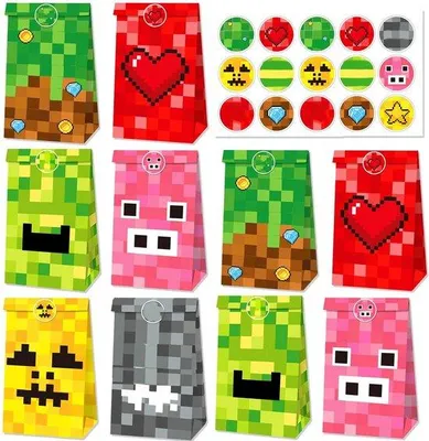 Productafbeelding van 12 papieren geschenktassen – snoepzakjes met 18 stickers – pixel feestdecoratie voor gamefans – goodiebags voor kinderfeestjes en bruiloften