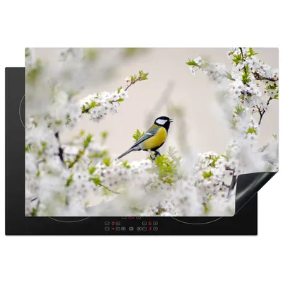 Produktbild von KitchenYeah© Herdabdeckplatte Vogel - Kohlmeise - Blumen - Blütenbaum , 76x51cm, Küche Deko, Glaskeramikkochfeld Herdabdeckung, Abdeckplatte fùr Kochfeld