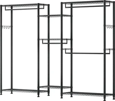 Zdjęcie produktu dla Wieszak na ubrania, wytrzymała szafa, 7 regulowanych półek z ramą stalową, nośność 385,5 kg, 4 drążki do wieszania, do sypialni, sklepu odzieżowego, przedpokoju