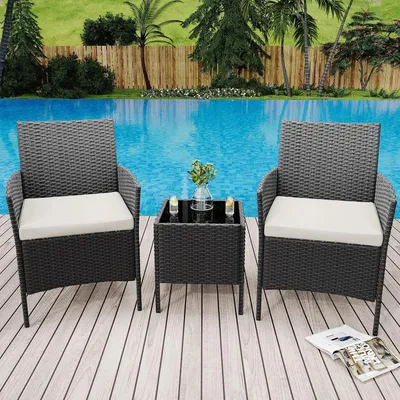 Immagine prodotto di Set da bistrot per giardino - Set di mobili da balcone composto da 3 pezzi - Sedie in rattan di PE con cuscini - Tavolo in vetro - Ideale per terrazza, giardino e balcone - Colore: nero e beige