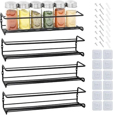 Produktbild von PolkaHome® Gewürzregal für Schranktür 4er Set Schwarz Wandmontage Küchenregal Metall Drahtkorb