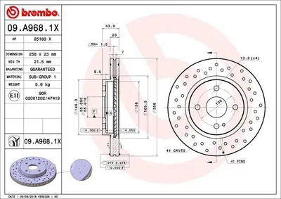 Produktbild von 2x BREMBO Bremsscheibe 09.A968.1X für MAZDA 2 Schrägheck (DE_ DH_3) 44mm 258mm