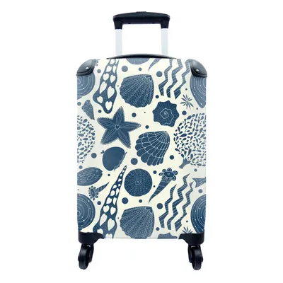 Produktbild von MuchoWow® Koffer Handgepäck Trolley Rollkoffer Kleine Reisekoffer mit 4 Rollen - Muscheln - Strand - Blau - Muster - Cabin Size < 55x40x23 cm & 55x40x20 cm - Fotokoffer - Kabinenkoffer - Boardgepäck - Reise-Box - Reisekoffer - Reisegepäck - Koffer mit Bild - Trolley für Kinder
