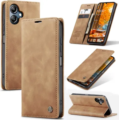 Multiple views of a brown faux leather wallet case for a smartphone.