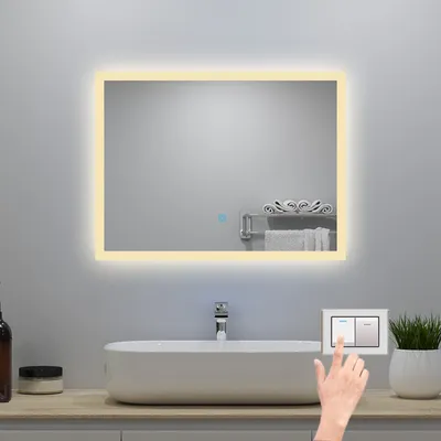 Produktbild von Badspiegel mit Beleuchtung 60x50cm Touch/Wandschalter Beschlagfrei 3 Lichtfarbe 3000K-6000K Dimmbar IP44 Belair-Serie