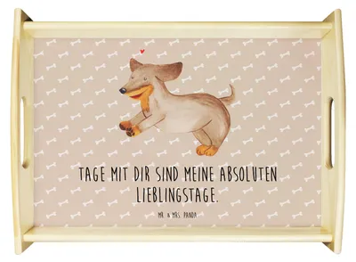 Produktbild von Mr. & Mrs. Panda Tablett Hund Dackel - Hundeglück - Geschenk, Sprüche, Snack, Herz, holz serviertablett, Servier, Dachshund, Dekotablett, Süß, aus