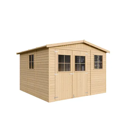 A wooden garden shed with windows and double doors, presented on a white background.