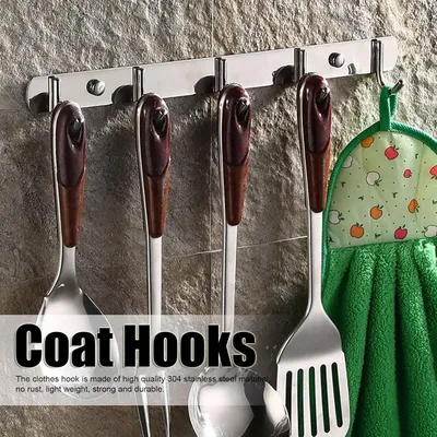 Imagen del producto de Ganchos para ropa de acero inoxidable, toallero de pared, barra con ganchos (5 ganchos)