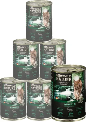 Produktbild von Dehner Wild Nature Katzenfutter Auwald, Nassfutter getreidefrei / zuckerfrei, für ausgewachsene Katzen, Hirsch / Truthahn, 6 x 400 g Dose (2.4 kg)