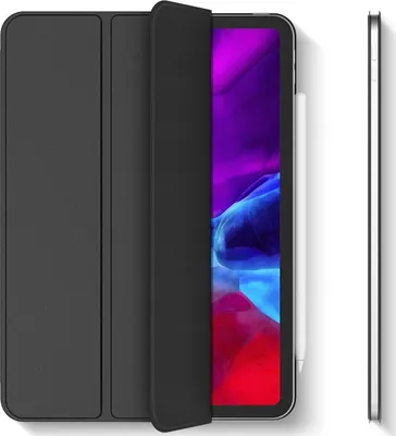 A black tablet case is shown open, revealing the tablet screen. A stylus is attached to the side of the case.