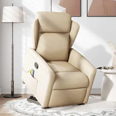 A beige recliner chair with a lift assist feature in a room setting.