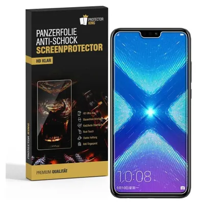 A product box for a screen protector is shown next to a smartphone displaying a colorful wallpaper.