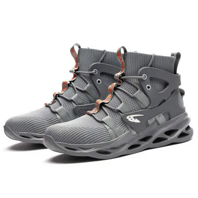 A pair of grey high-top safety boots with orange accents on a white background.