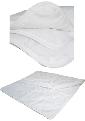 A collage of two images showing a white duvet. The top image is a close-up of the duvet, showing its quilted texture and a folded section. The bottom image shows the duvet laid out flat, also with a quilted pattern.