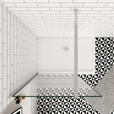 A top-down view of a modern bathroom shower enclosure with white tiled walls and a patterned floor.