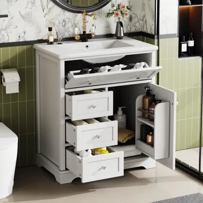 Produktbild von 76x46x87cm Badezimmer-Standschrank mit Waschbecken, Unterschrank, feuchtigkeitsbeständiger Lackierung, geräuscharmer Schubladenführung, Türrahmen, Klappschublade, Keramikwaschbecken, Keramikwasch,Weiß
