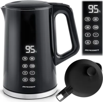 A black electric kettle with a digital display and control panel, shown with its lid separately.