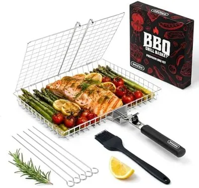 Produktbild von Grillkorb, Barbecue-Bbq-Grillkorb, Große Faltbare Grillkörbe Aus Edelstahl Mit Griff, Tragbarer Outdoor-Camping-Grillrost Für Fisch, Garnelen, Gemüse