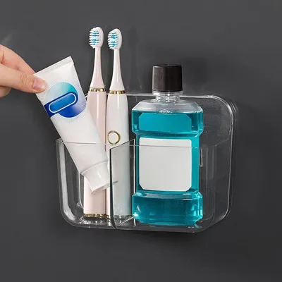 Image de Porte-brosses à dents avec 2 compartiments, adhésif, transparent, en plastique