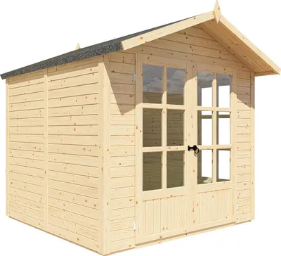 A wooden garden shed with double doors and windows, shown from a three-quarter angle against a white background.