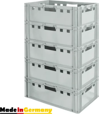 Produktbild von 5 Stück E2 Fleischkisten Kisten Eurobox Lebensmittelecht Metzgerkiste Box Aufbewahrungsbox Kunststoff Wanne Plastik Stapelbar Lagerkisten 60 x 40 Grau Kingpower