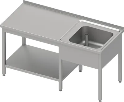 Produktbild von Cheftisch mit Grundboden unter der Arbeitsfläche, mit einem Becken rechts 1400x700x850 mm, mit Aufkantung, verschweißt