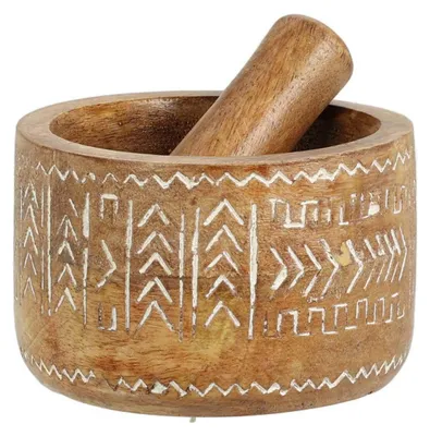 Produktbild von Excellent Houseware | Mörser mit Stößel - Holz Mango - Ethnisches Muster - Ideal zum Gewürze mahlen