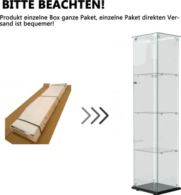 Produktbild von Glasvitrine Standvitrine, Glasvitrine Mit LED Lichtleiste, Glasvitrine Stehend Mit Schloss, Einzeltür Und 4 Regalen, Vitrinenschrank Glas Vitrine Für Sammlerstücke Bücher Wein (Schwarz-C, 4 Regale)
