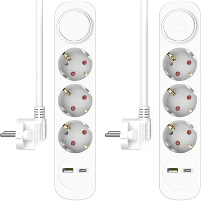 Produktbild von USB Steckdosen Set 2fach, Mehrfachsteckdose 3fach, Steckdosenleiste mit Schalter