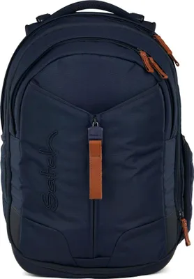 A navy blue backpack with brown accents is shown against a white background.