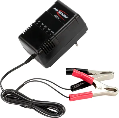 A black car battery charger with red and black alligator clips is shown against a white background.