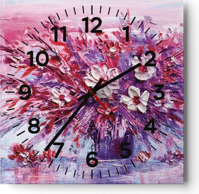 Produktbild von Wanduhr - Quadrat - Glasuhr - Pastos Blumen Rosa - 30x30cm - Schleichendes Uhrwerk - Lautlos - zum Aufhängen bereit - Dekoration Modern - Wanddekoration aus Glas - C4AC30x30-4530