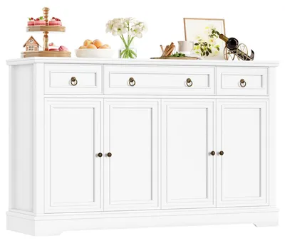 Obrázek produktu pro Komoda – kuchyňská skříňka, obývací skříňka – 3 zásuvky, 4 dvířka – dřevo – moderní design – 134 x 40 x 87 cm – bílá