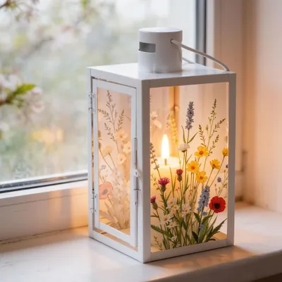 Produktbild von Laterne H25cm Metall Weiß Blumen Frühlingsdeko Windlicht Sommer Tischdekoration