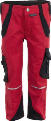 A pair of red and black children's work pants.
