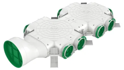 Imagen del producto de Awenta VCB160-10: Caja de distribución Awenta PRO con conexión lateral de Ø 160 mm, y 10 conexiones de Ø 75 mm